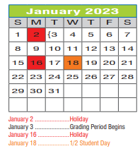 District School Academic Calendar for Regional Day Sch Deaf for January 2023