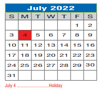 District School Academic Calendar for Denton Co J J A E P for July 2022