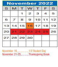 District School Academic Calendar for Joe Dale Sparks Campus for November 2022