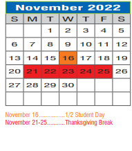 District School Academic Calendar for Borman Elementary for November 2022