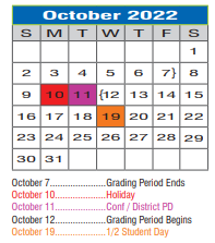District School Academic Calendar for Regional Day Sch Deaf for October 2022