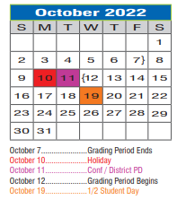 District School Academic Calendar for Eugenia Porter Rayzor Elementary for October 2022