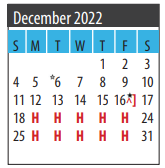 District School Academic Calendar for Galveston Co J J A E P for December 2022