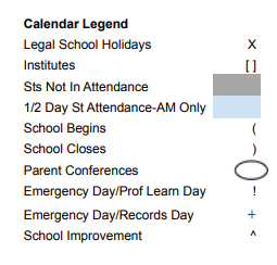 District School Academic Calendar Legend for North Elementary School