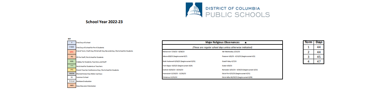 District School Academic Calendar Key for Rose School