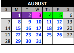 District School Academic Calendar for Plum Creek Academy for August 2022