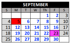 District School Academic Calendar for Plum Creek Academy for September 2022