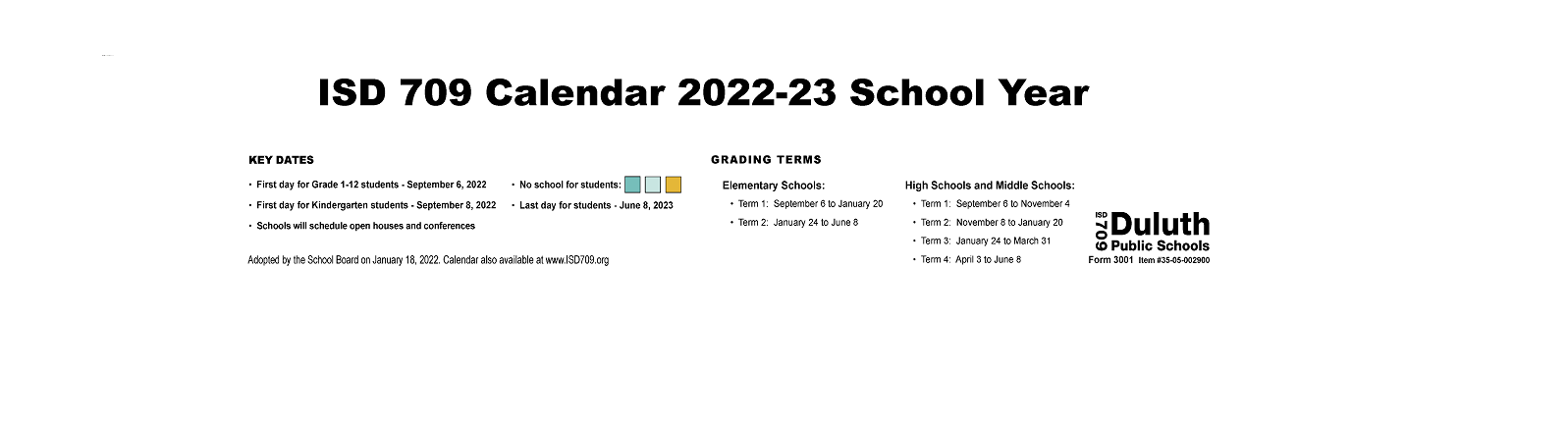 District School Academic Calendar Key for Duluth Online Program