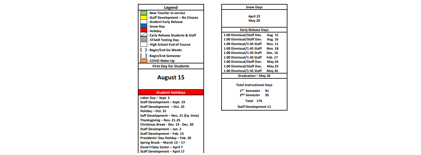 District School Academic Calendar Key for Dumas J H