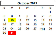 District School Academic Calendar for Sunset El for October 2022