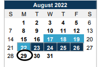District School Academic Calendar for Southern High for August 2022