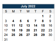 District School Academic Calendar for Southwest Elementary for July 2022