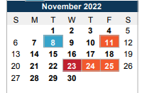 District School Academic Calendar for Parkwood Elementary for November 2022