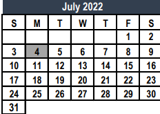 District School Academic Calendar for Weldon Hafley Development Center for July 2022