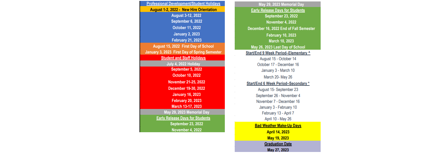 District School Academic Calendar Key for L A Gililland Elementary