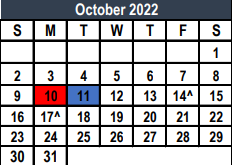 District School Academic Calendar for Tarrant Co J J A E P for October 2022