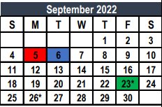 District School Academic Calendar for Weldon Hafley Development Center for September 2022
