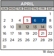 District School Academic Calendar for Travis Co J J A E P for April 2023