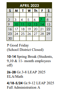 District School Academic Calendar for Villa Del Rey Elementary School for April 2023