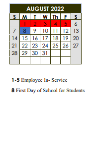 District School Academic Calendar for Baton Rouge Marine Institute INC. for August 2022