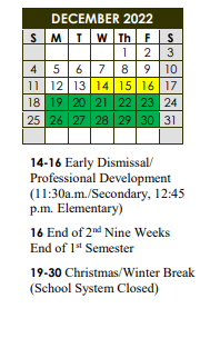 District School Academic Calendar for Brownfields Elementary School for December 2022