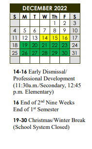 District School Academic Calendar for Capitol Pre-college Academy For Girls for December 2022