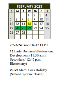 District School Academic Calendar for Baton Rouge Marine Institute INC. for February 2023