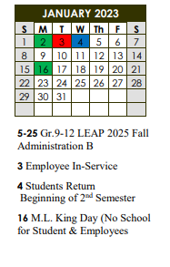 District School Academic Calendar for Lanier Elementary School for January 2023