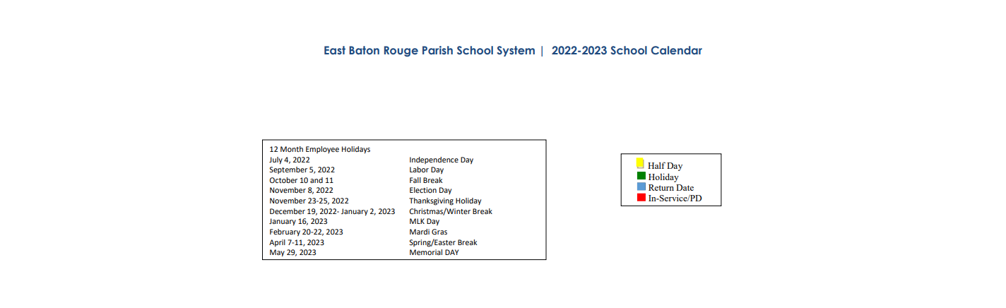 District School Academic Calendar Key for Baton Rouge Marine Institute INC.
