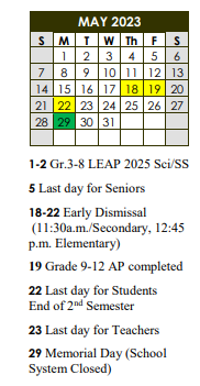 District School Academic Calendar for Jefferson Terrace Elementary School for May 2023
