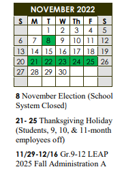 District School Academic Calendar for Community School For Apprenticeship Learning for November 2022