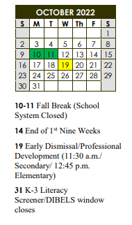 District School Academic Calendar for Belaire High School for October 2022