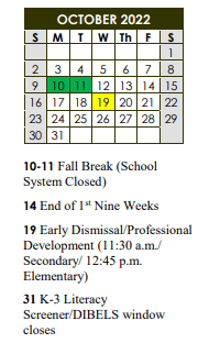 District School Academic Calendar for Central High School for October 2022