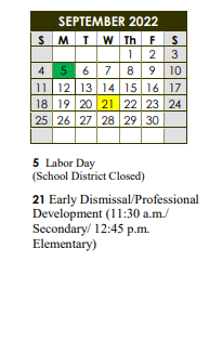 District School Academic Calendar for Buchanan Elementary School for September 2022