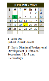 District School Academic Calendar for Jefferson Terrace Elementary School for September 2022