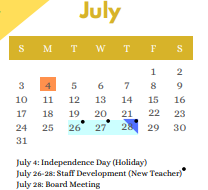 District School Academic Calendar for Bexar Co J J A E P for July 2022