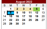 District School Academic Calendar for Roosevelt Elementary School for August 2022
