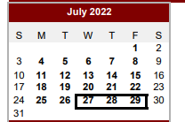District School Academic Calendar for Alternative Center for July 2022