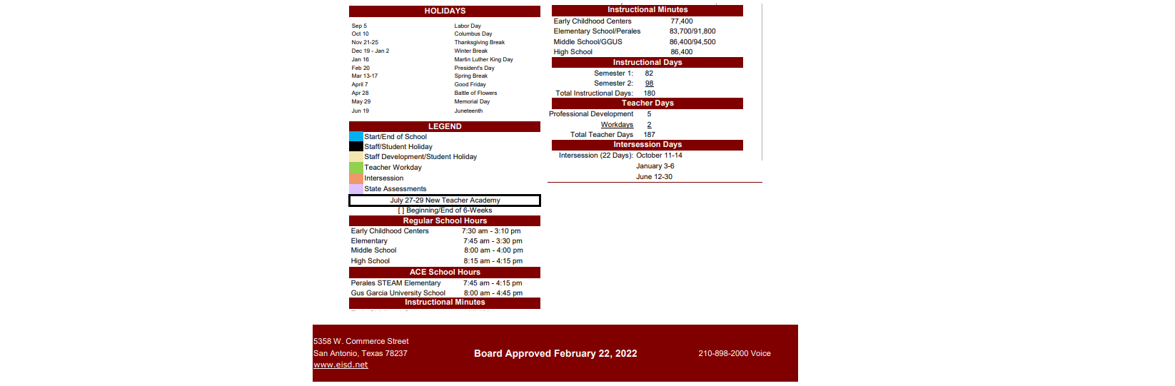 District School Academic Calendar Key for Bexar Co J J A E P