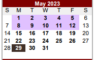 District School Academic Calendar for Van Zandt Ssa for May 2023