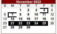 District School Academic Calendar for Bexar Co J J A E P for November 2022