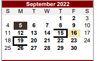 District School Academic Calendar for Bexar Co J J A E P for September 2022