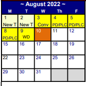 District School Academic Calendar for Myatt El for August 2022