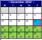 District School Academic Calendar for Myatt El for December 2022