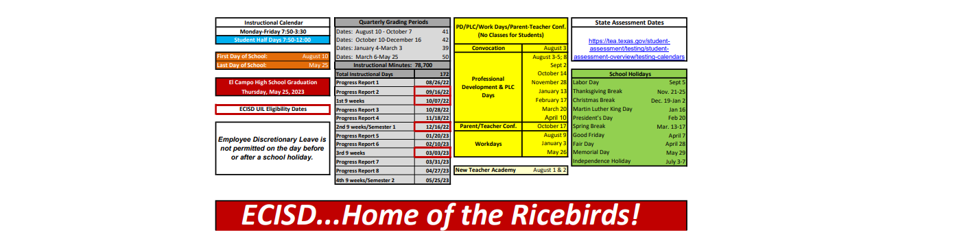 District School Academic Calendar Key for El Campo H S