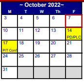 District School Academic Calendar for Myatt El for October 2022