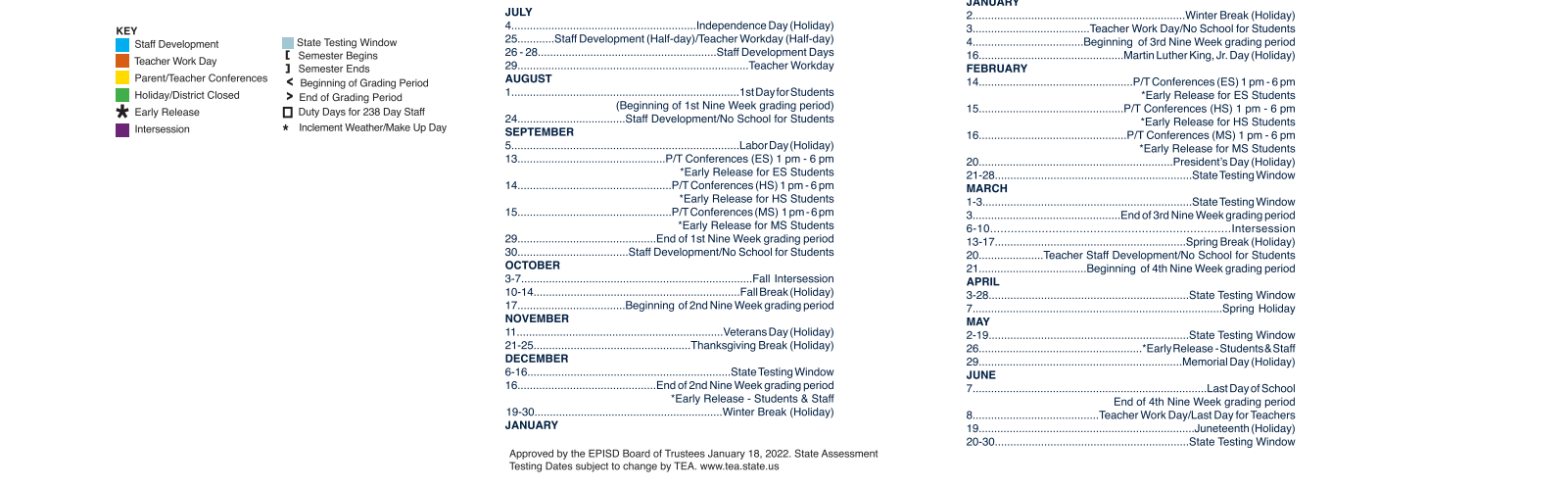 District School Academic Calendar Key for E-2 Central NE El Don't Use