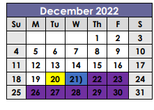 District School Academic Calendar for Bastrop County Juvenile Boot Camp for December 2022