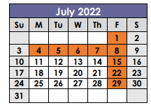 District School Academic Calendar for Bastrop County Juvenile Boot Camp for July 2022