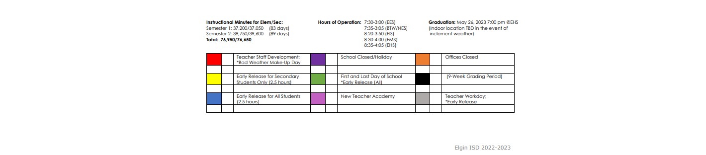 District School Academic Calendar Key for Elgin Elementary